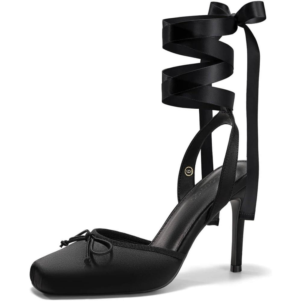 image:imageCoutgo Womens Ballet High Heels Satin Closed Square Toe Ballerina Heels Lace Up Bow Pumps Prom ShoesBlack