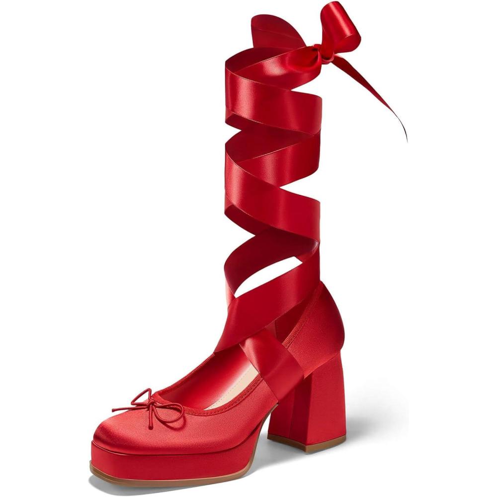 image:imageCoutgo Womens Lace Up Heels Platform Chunky High Heel Pumps Bow Closed Square Toe Party Ballet Dress Shoes Red Size 9