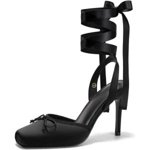 Coutgo Womens Ballet High Heels Satin Closed Square Toe Ballerina Heels Lace Up Bow Pumps Prom Shoes(Black)