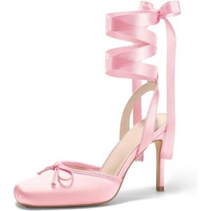 Coutgo Womens Ballet High Heels Satin Closed Square Toe Ballerina Heels Lace Up Bow Pumps Prom Shoes(Pink)