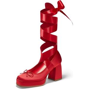 Coutgo Womens Lace Up Heels Platform Chunky High Heel Pumps Bow Closed Square Toe Party Ballet Dress Shoes, Red, Size 9