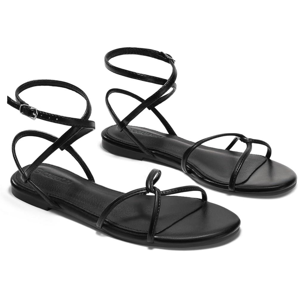 image:imageCoutgo Womens Flat Sandals Strappy Open Toe Cross Lace Up Ankle Strap Summer Dressy Beach ShoesBlack