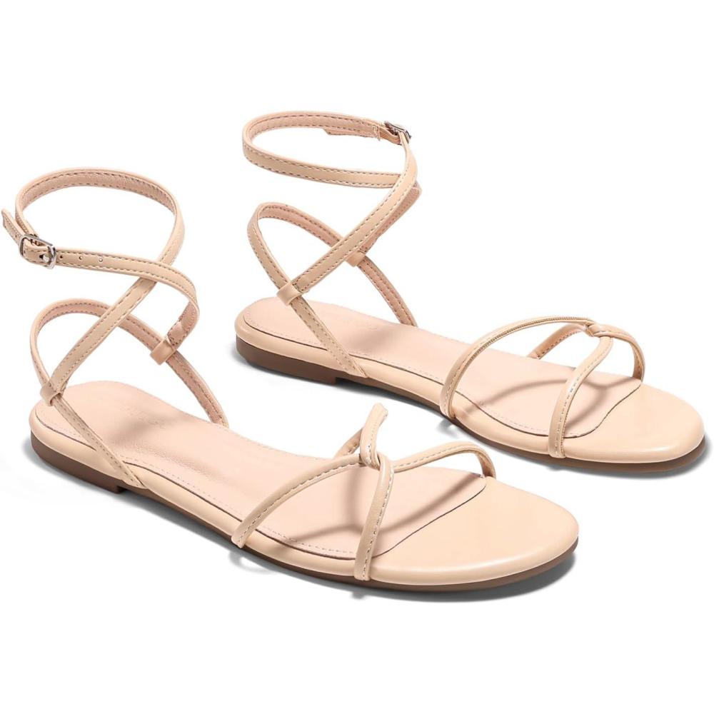 image:imageCoutgo Womens Flat Sandals Strappy Open Toe Cross Lace Up Ankle Strap Summer Dressy Beach ShoesNude