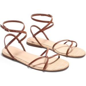 Coutgo Womens Flat Sandals Strappy Open Toe Cross Lace Up Ankle Strap Summer Dressy Beach Shoes(Brown)