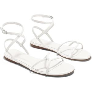 Coutgo Womens Flat Sandals Strappy Open Toe Cross Lace Up Ankle Strap Summer Dressy Beach Shoes(White)