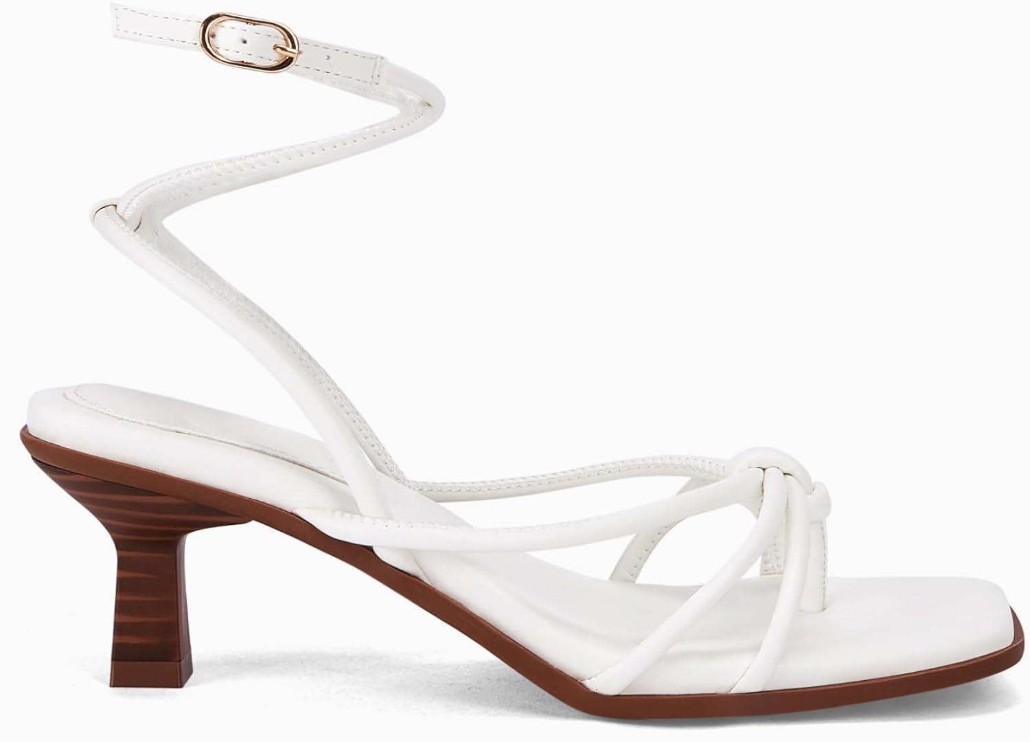 image:imageCoutgo Womens Strappy Heels Sandals Thong Gladiator Square Open Toe Low Kitten Heeled Criss Cross Ankle Strap Summer Dress Wedding ShoesWhite