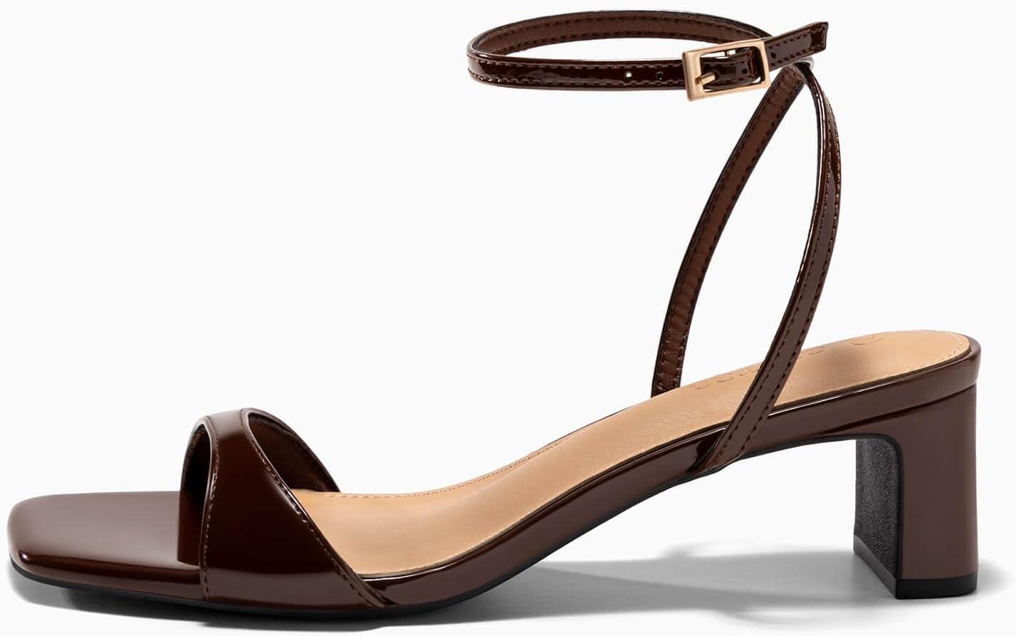 image:imageCoutgo Womens Chunky Low Heel Sandals Open Square Toe Ankle Strap Wedding Prom Dressy ShoesDark Brown