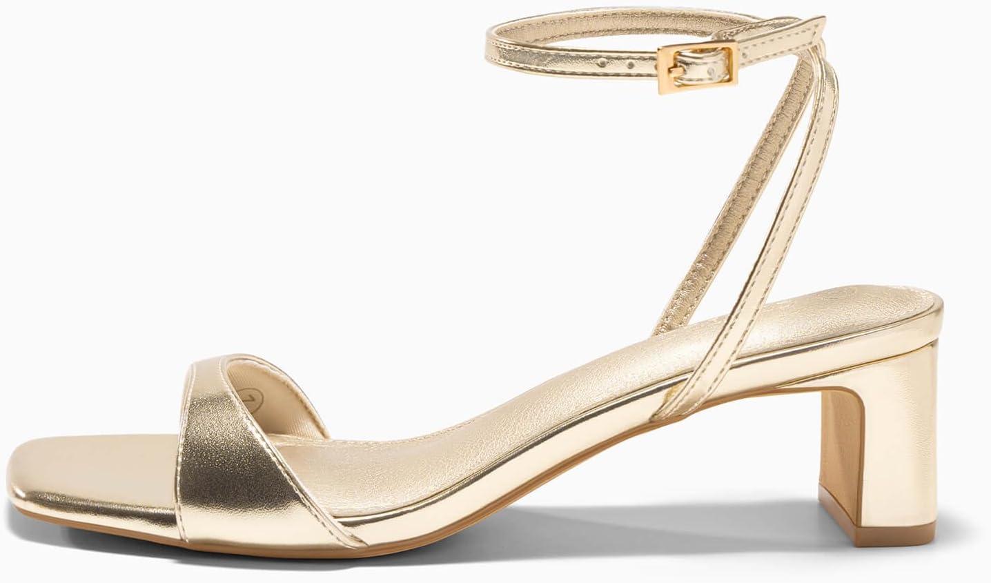 image:imageCoutgo Womens Chunky Low Heel Sandals Open Square Toe Ankle Strap Wedding Prom Dressy ShoesGold