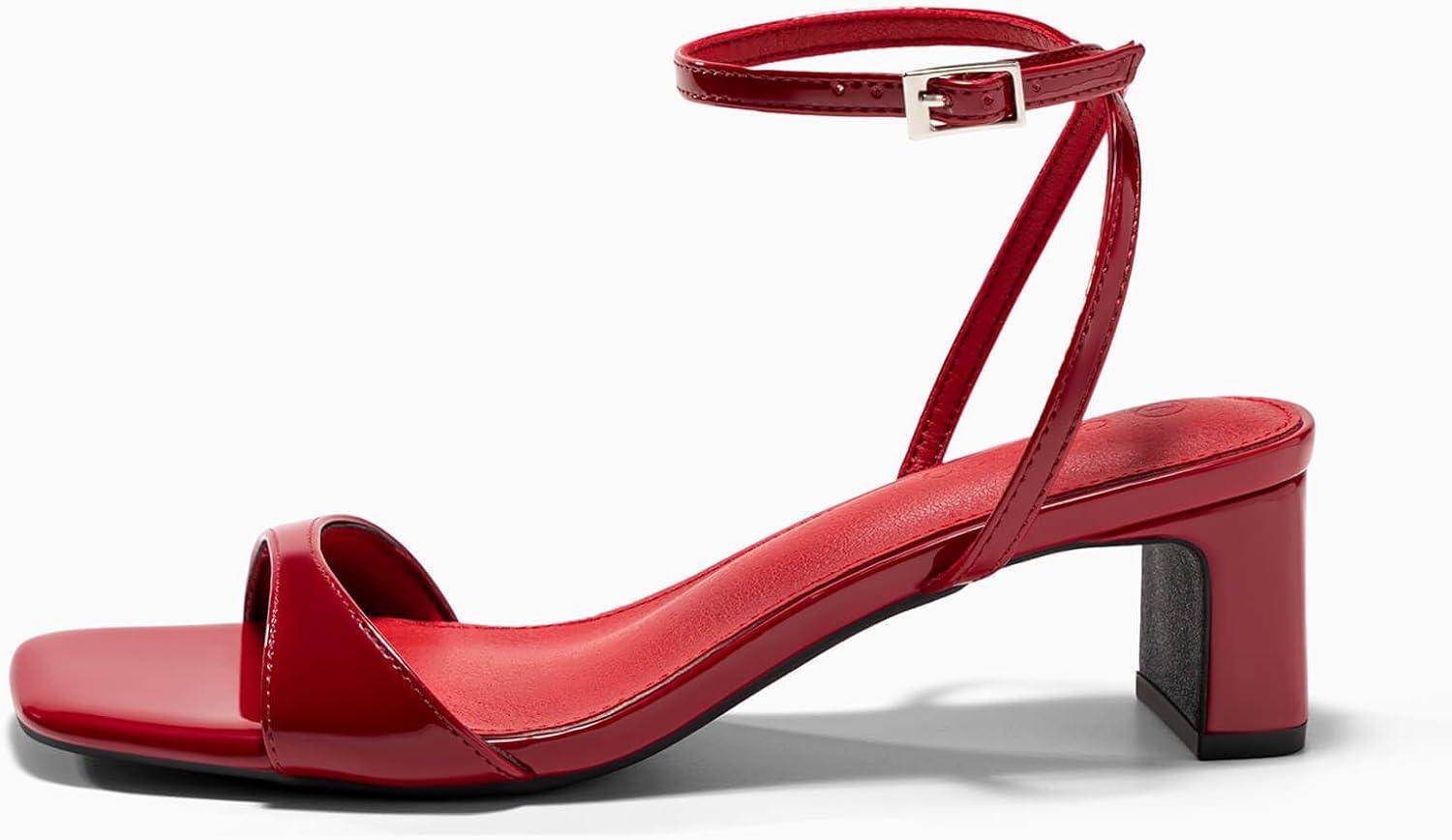 image:imageCoutgo Womens Chunky Low Heel Sandals Open Square Toe Ankle Strap Wedding Prom Dressy ShoesRed
