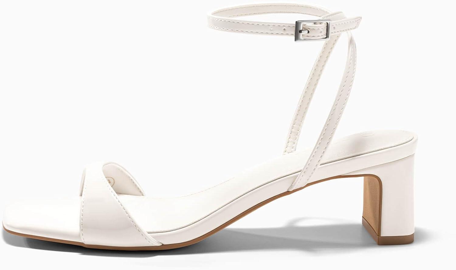 image:imageCoutgo Womens Chunky Low Heel Sandals Open Square Toe Ankle Strap Wedding Prom Dressy ShoesWhite