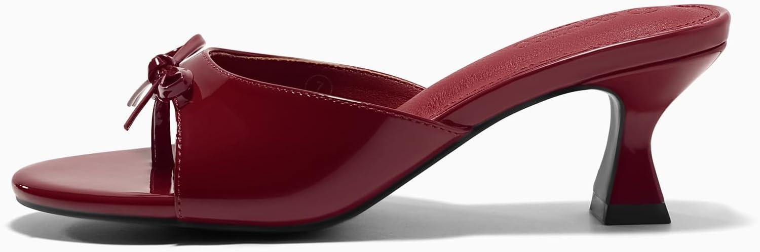 image:imageCoutgo Womens Kitten Heels Sandals Bow Mules Open Toe Flip Flops Summer Dressy Slides ShoesBurgundy Patent Leather