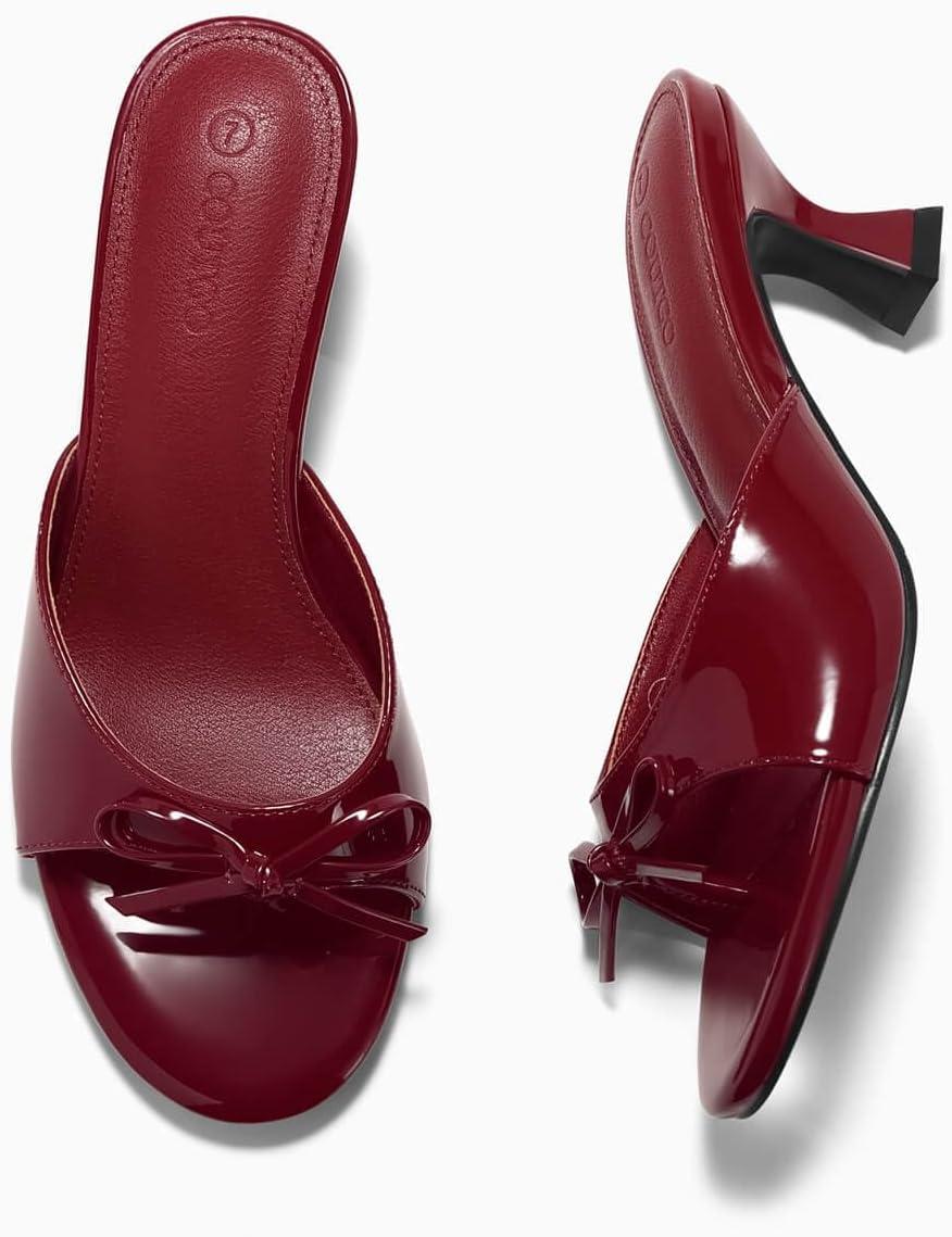 image:imageCoutgo Womens Kitten Heels Sandals Bow Mules Open Toe Flip Flops Summer Dressy Slides ShoesBurgundy Patent Leather