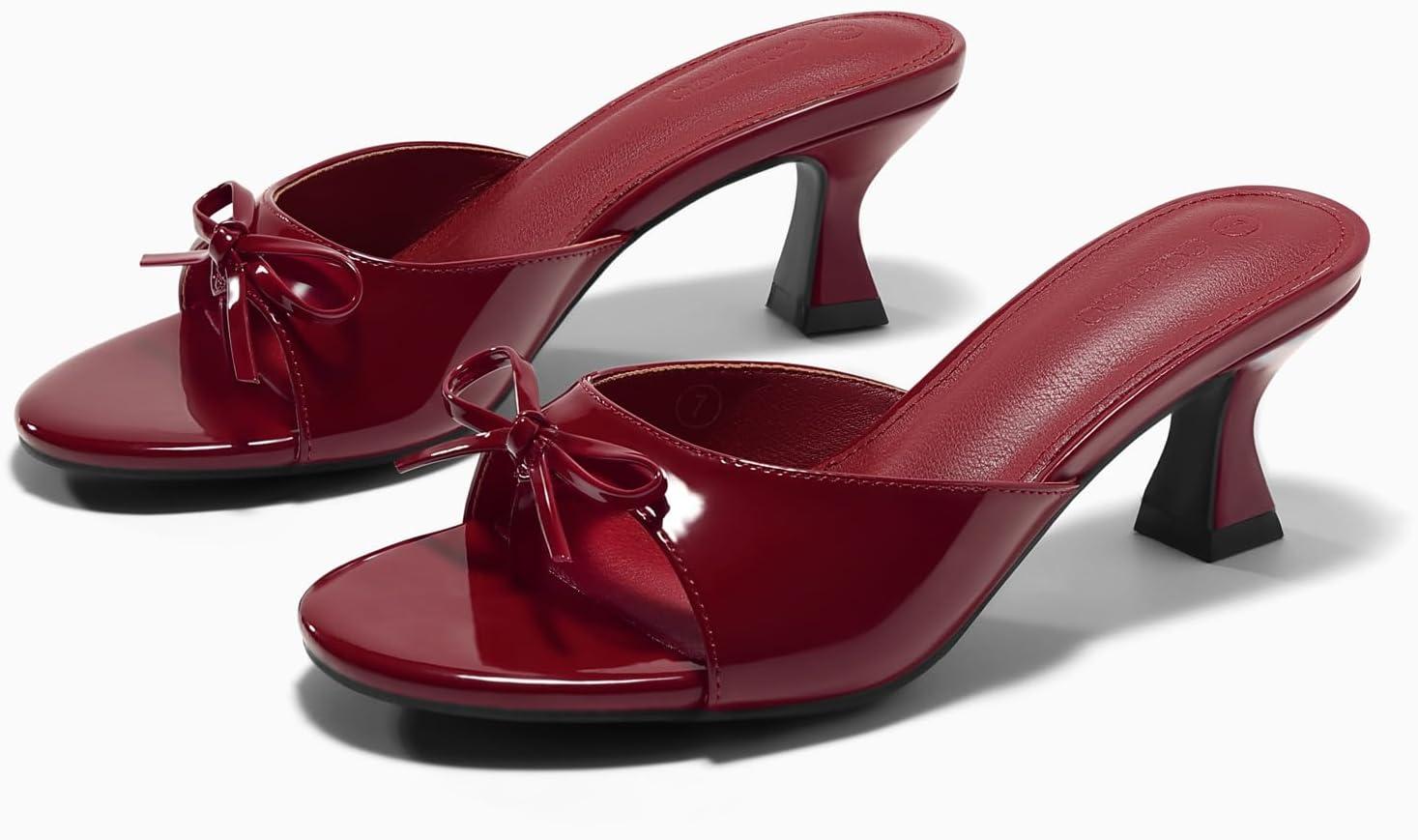 image:imageCoutgo Womens Kitten Heels Sandals Bow Mules Open Toe Flip Flops Summer Dressy Slides ShoesBurgundy Patent Leather