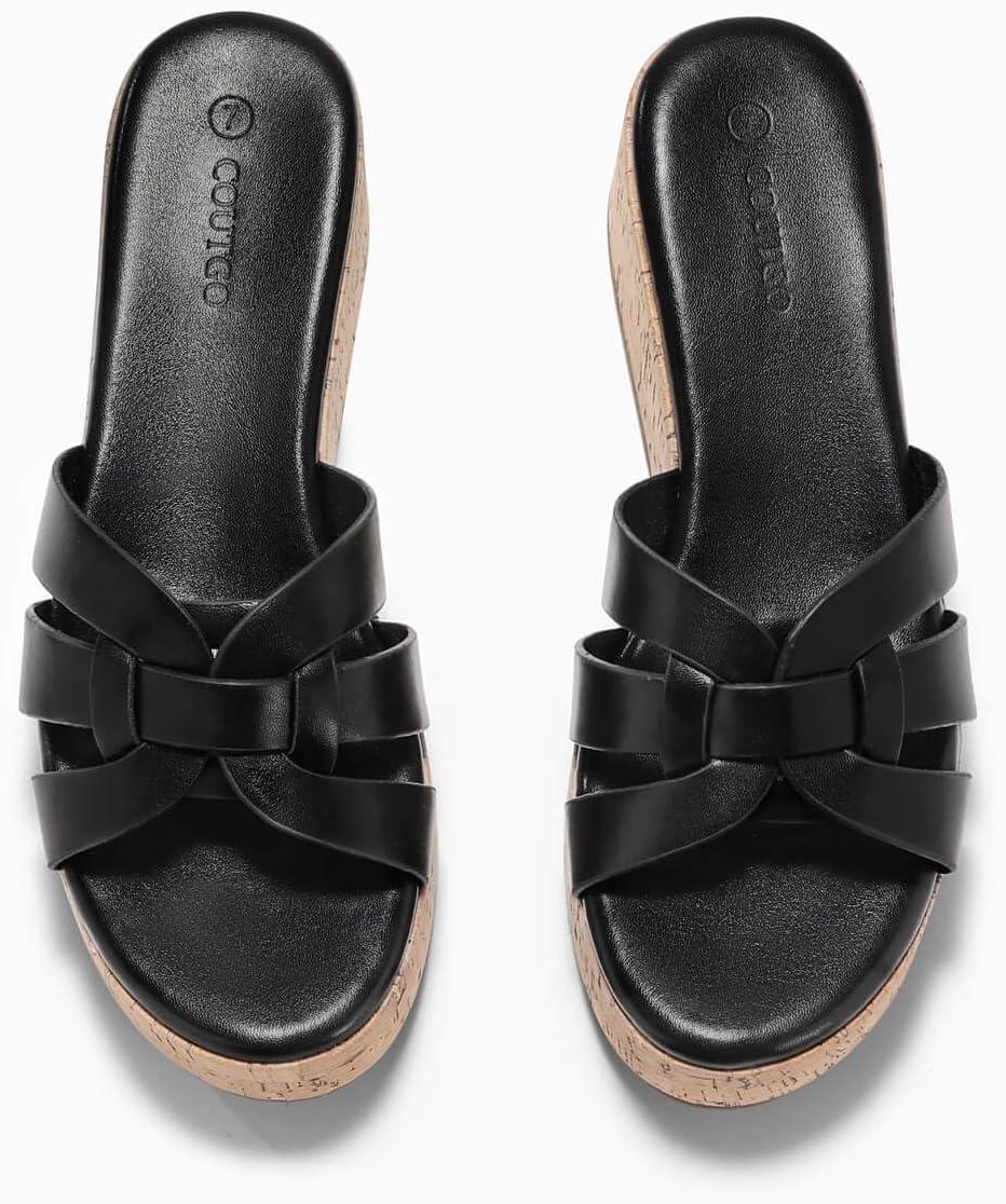 image:imageCoutgo Womens Platform Sandals Open Toe Slip On Low Wedge Slides Cork Heeled Beach Vacation ShoesBlack
