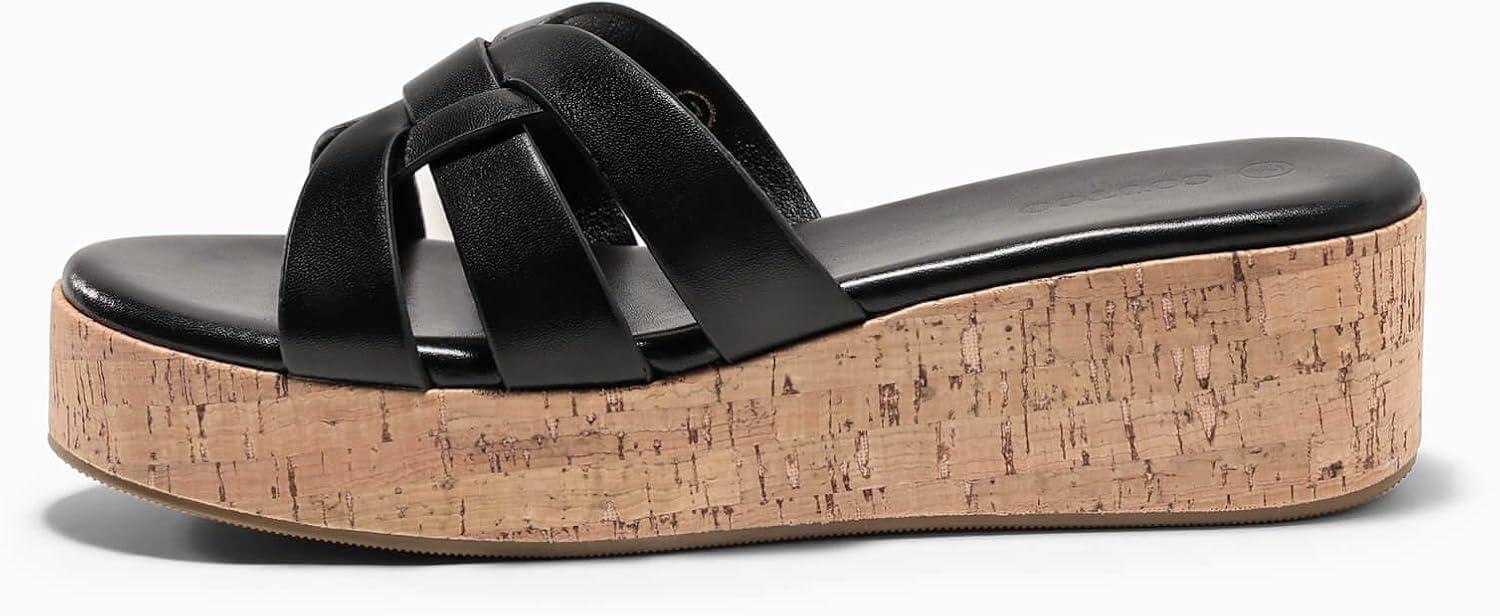 image:imageCoutgo Womens Platform Sandals Open Toe Slip On Low Wedge Slides Cork Heeled Beach Vacation ShoesBlack