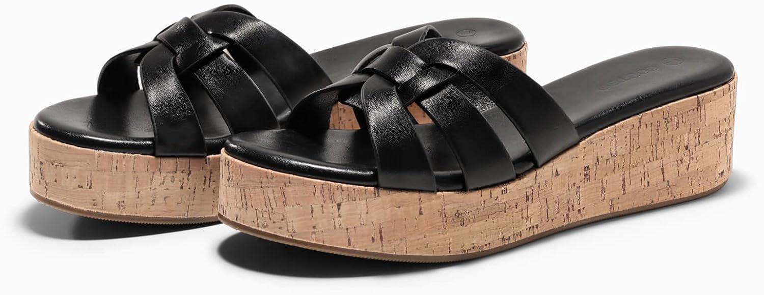 image:imageCoutgo Womens Platform Sandals Open Toe Slip On Low Wedge Slides Cork Heeled Beach Vacation ShoesBlack