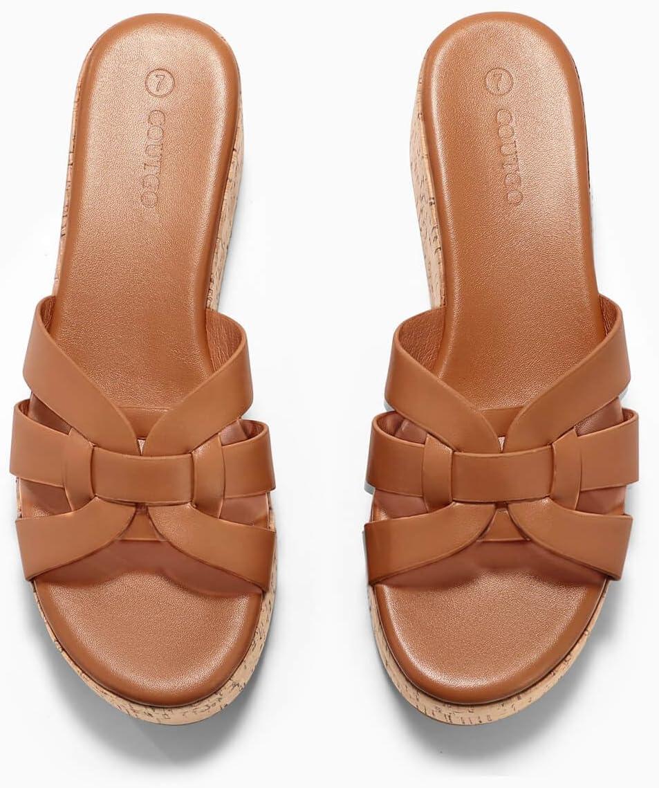 image:imageCoutgo Womens Platform Sandals Open Toe Slip On Low Wedge Slides Cork Heeled Beach Vacation ShoesBrown