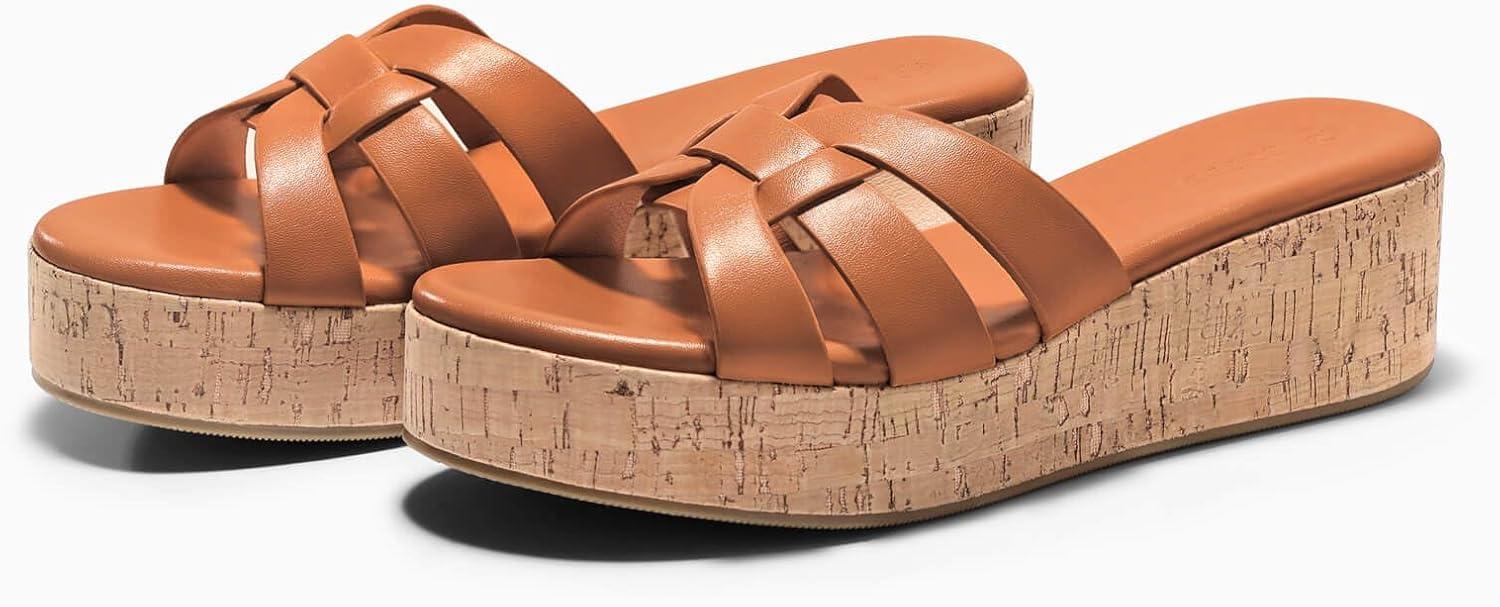 image:imageCoutgo Womens Platform Sandals Open Toe Slip On Low Wedge Slides Cork Heeled Beach Vacation ShoesBrown
