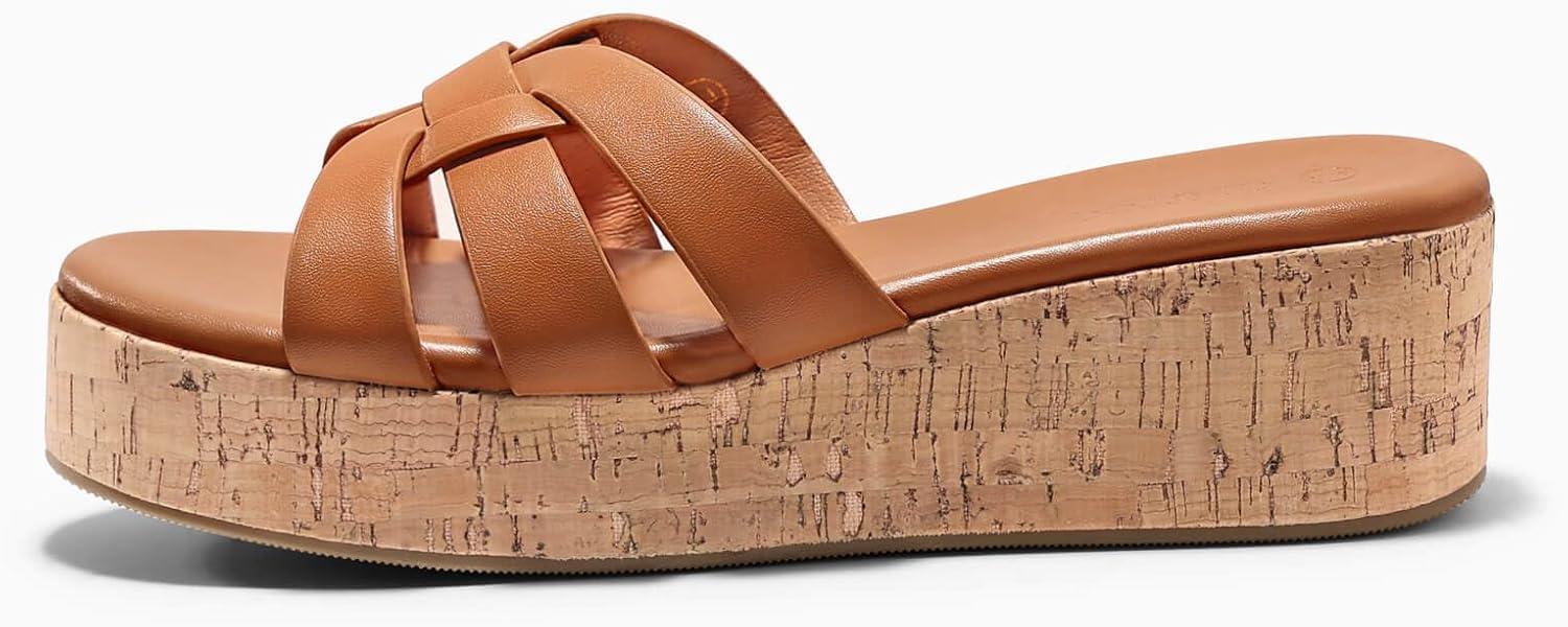 image:imageCoutgo Womens Platform Sandals Open Toe Slip On Low Wedge Slides Cork Heeled Beach Vacation ShoesBrown