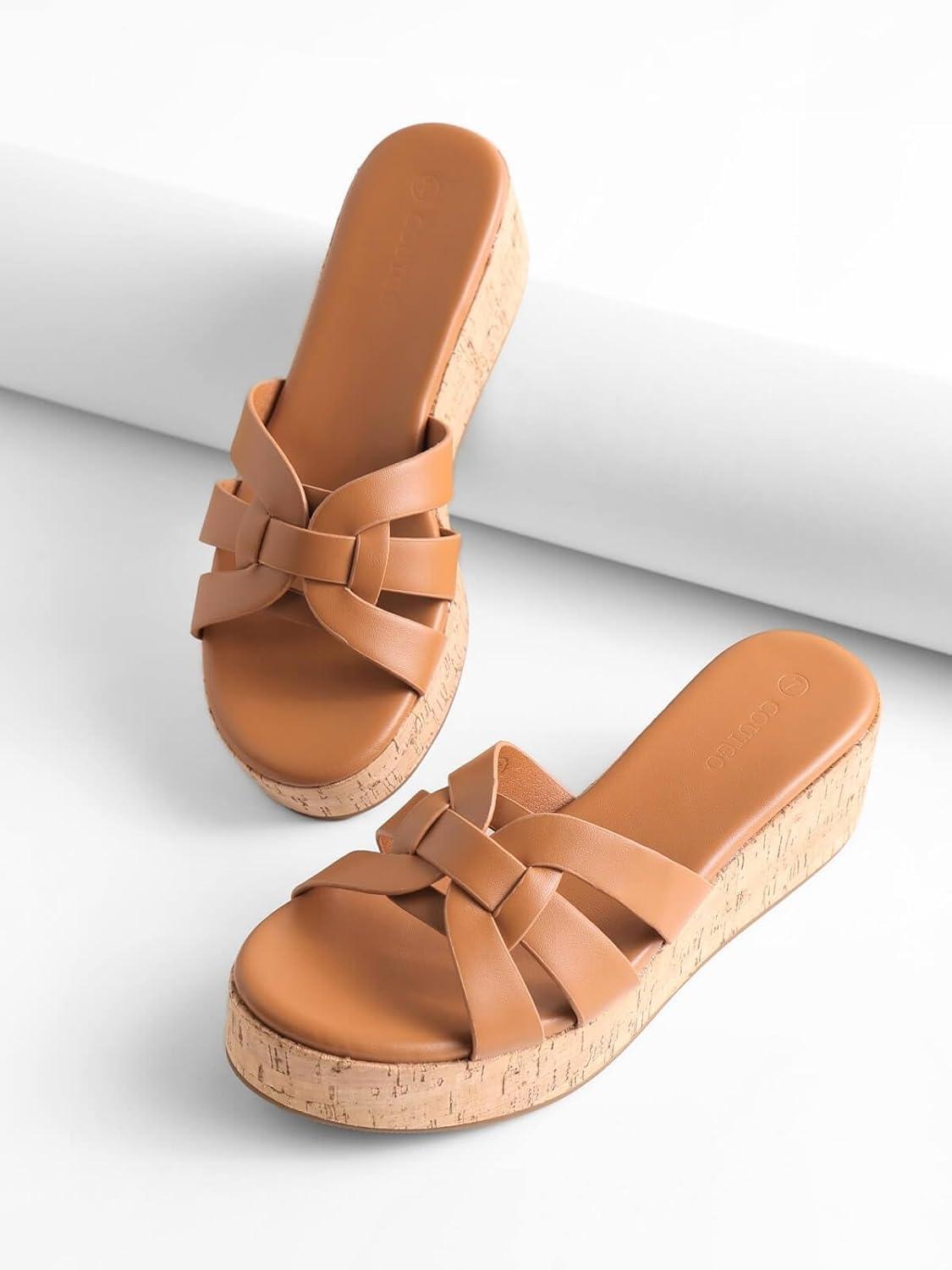 image:imageCoutgo Womens Platform Sandals Open Toe Slip On Low Wedge Slides Cork Heeled Beach Vacation ShoesBrown