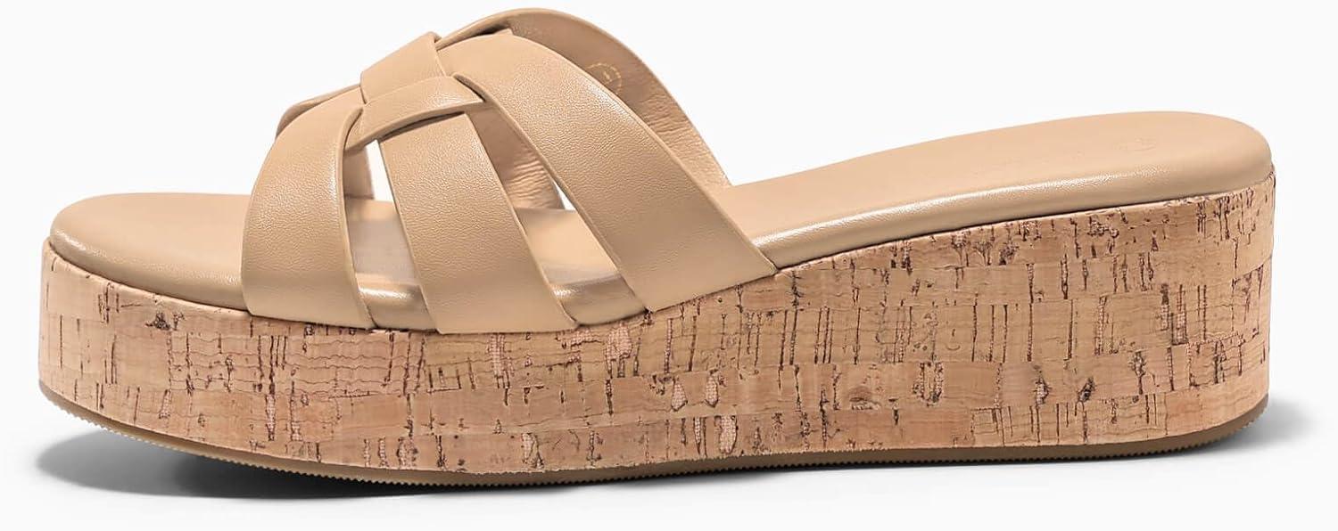 image:imageCoutgo Womens Platform Sandals Open Toe Slip On Low Wedge Slides Cork Heeled Beach Vacation ShoesKhaki