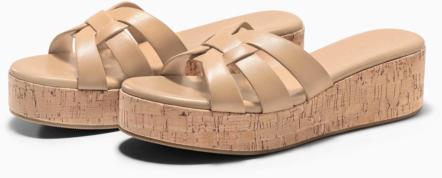 image:imageCoutgo Womens Platform Sandals Open Toe Slip On Low Wedge Slides Cork Heeled Beach Vacation ShoesKhaki