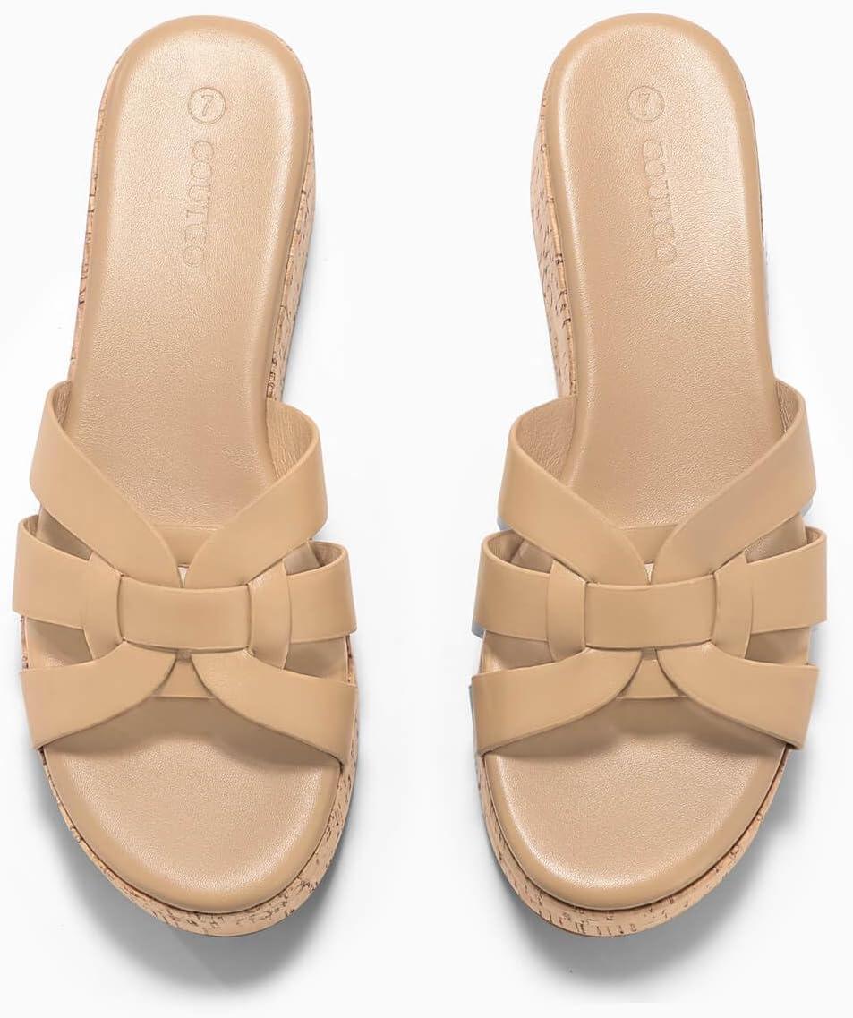 image:imageCoutgo Womens Platform Sandals Open Toe Slip On Low Wedge Slides Cork Heeled Beach Vacation ShoesKhaki