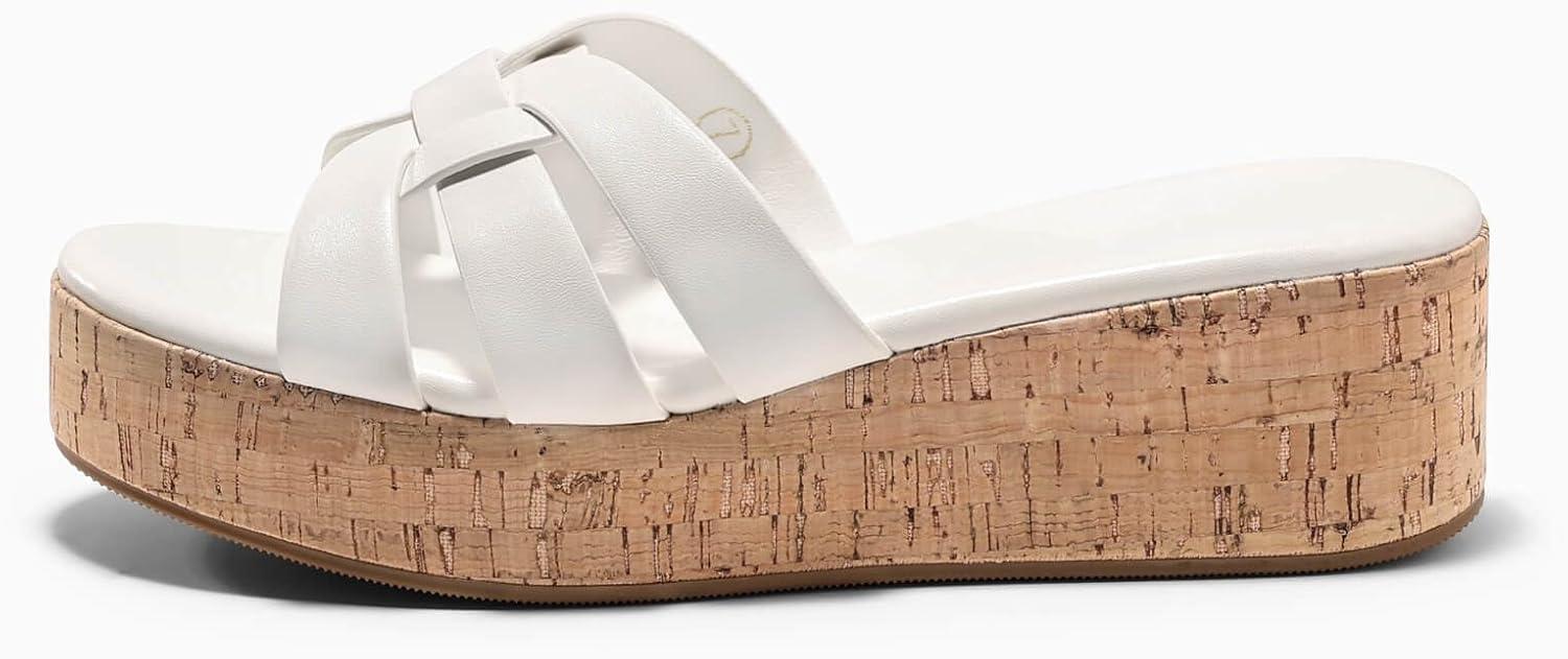 image:imageCoutgo Womens Platform Sandals Open Toe Slip On Low Wedge Slides Cork Heeled Beach Vacation ShoesWhite