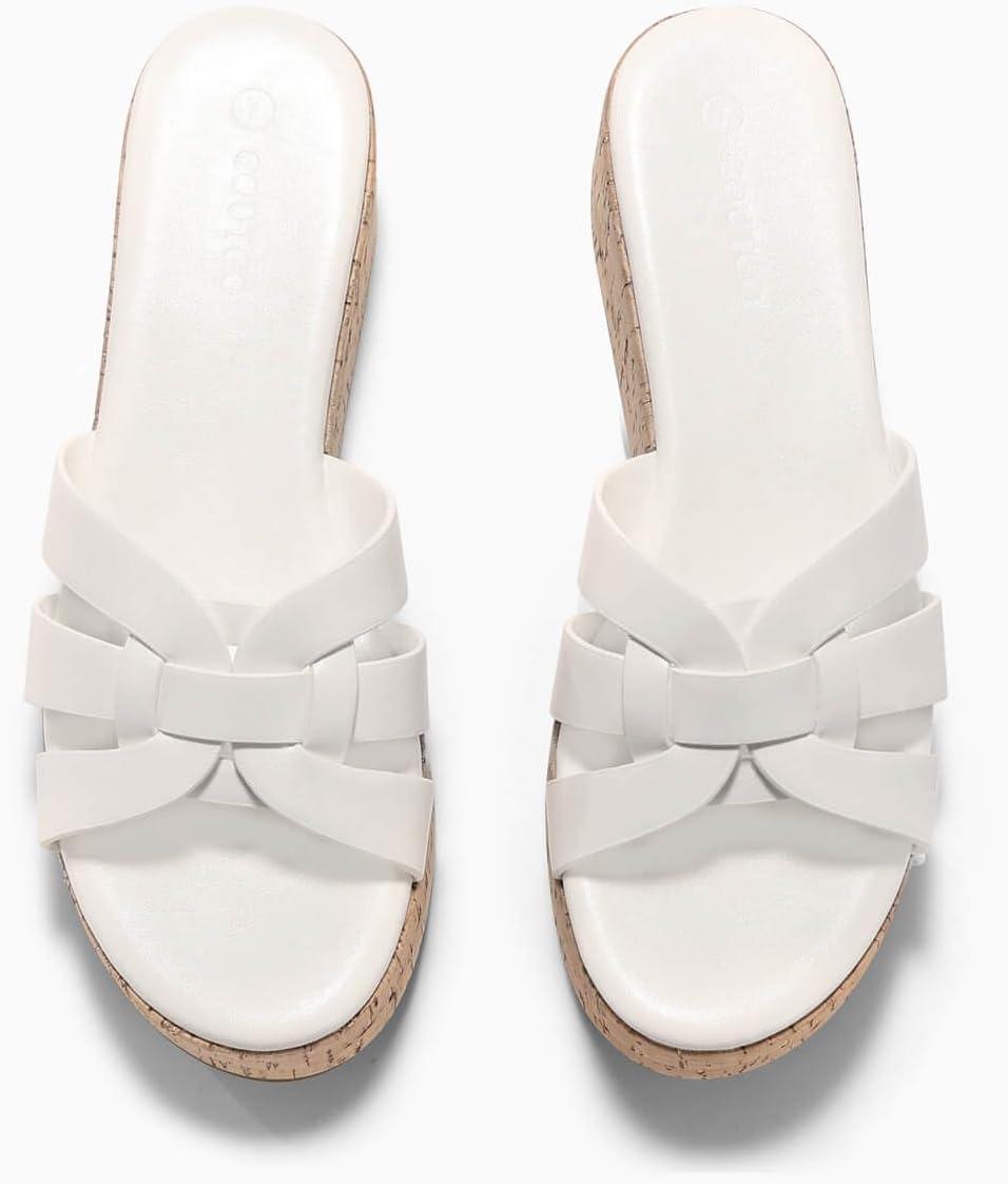 image:imageCoutgo Womens Platform Sandals Open Toe Slip On Low Wedge Slides Cork Heeled Beach Vacation ShoesWhite