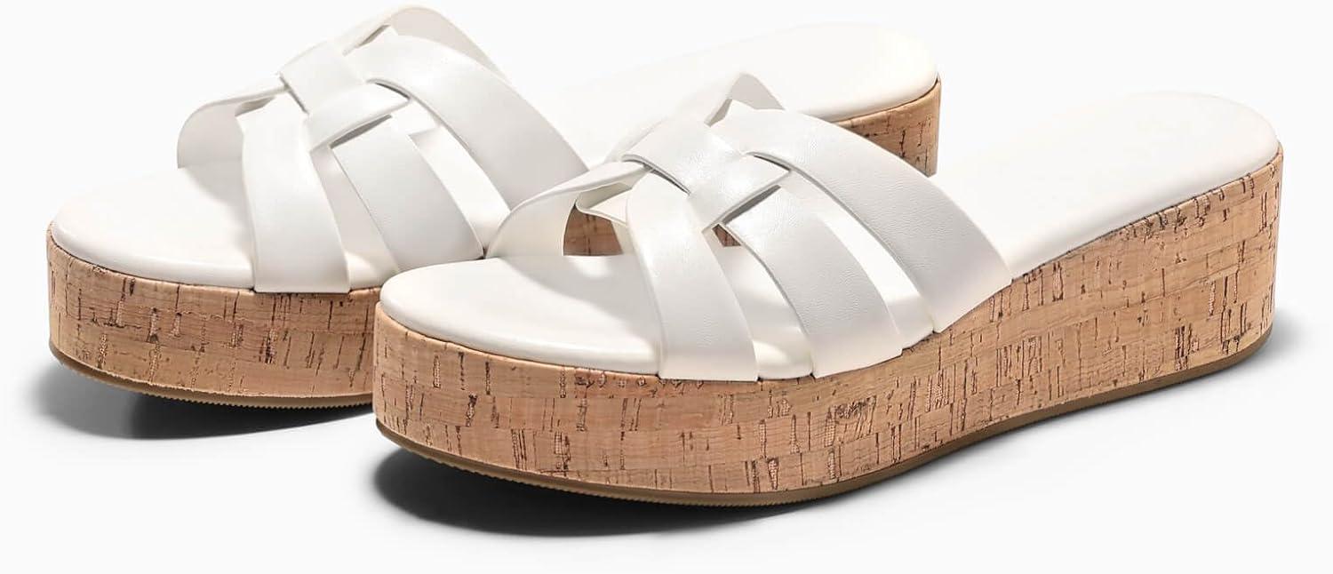 image:imageCoutgo Womens Platform Sandals Open Toe Slip On Low Wedge Slides Cork Heeled Beach Vacation ShoesWhite