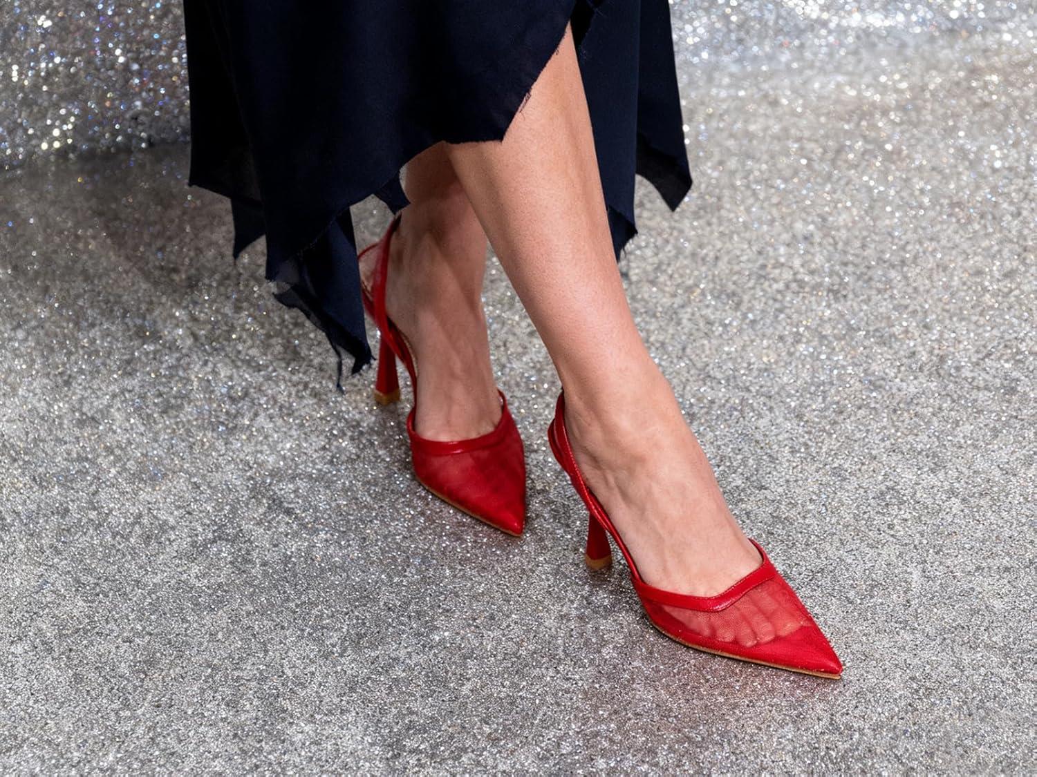image:imageCoutgo Womens Slingback High Heels Sandals Mesh Closed Pointed Toe Stiletto Pumps Party Wedding Dress ShoesRed