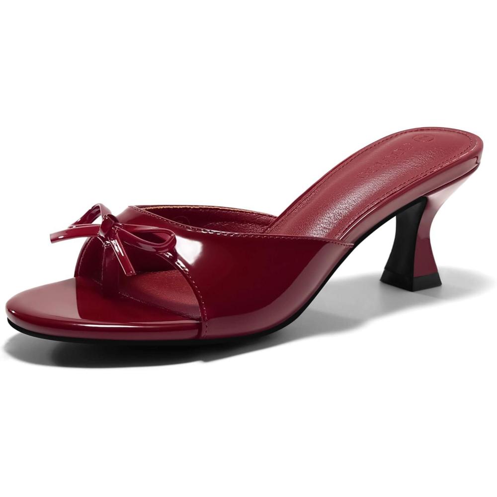 image:imageCoutgo Womens Kitten Heels Sandals Bow Mules Open Toe Flip Flops Summer Dressy Slides ShoesBurgundy Patent Leather