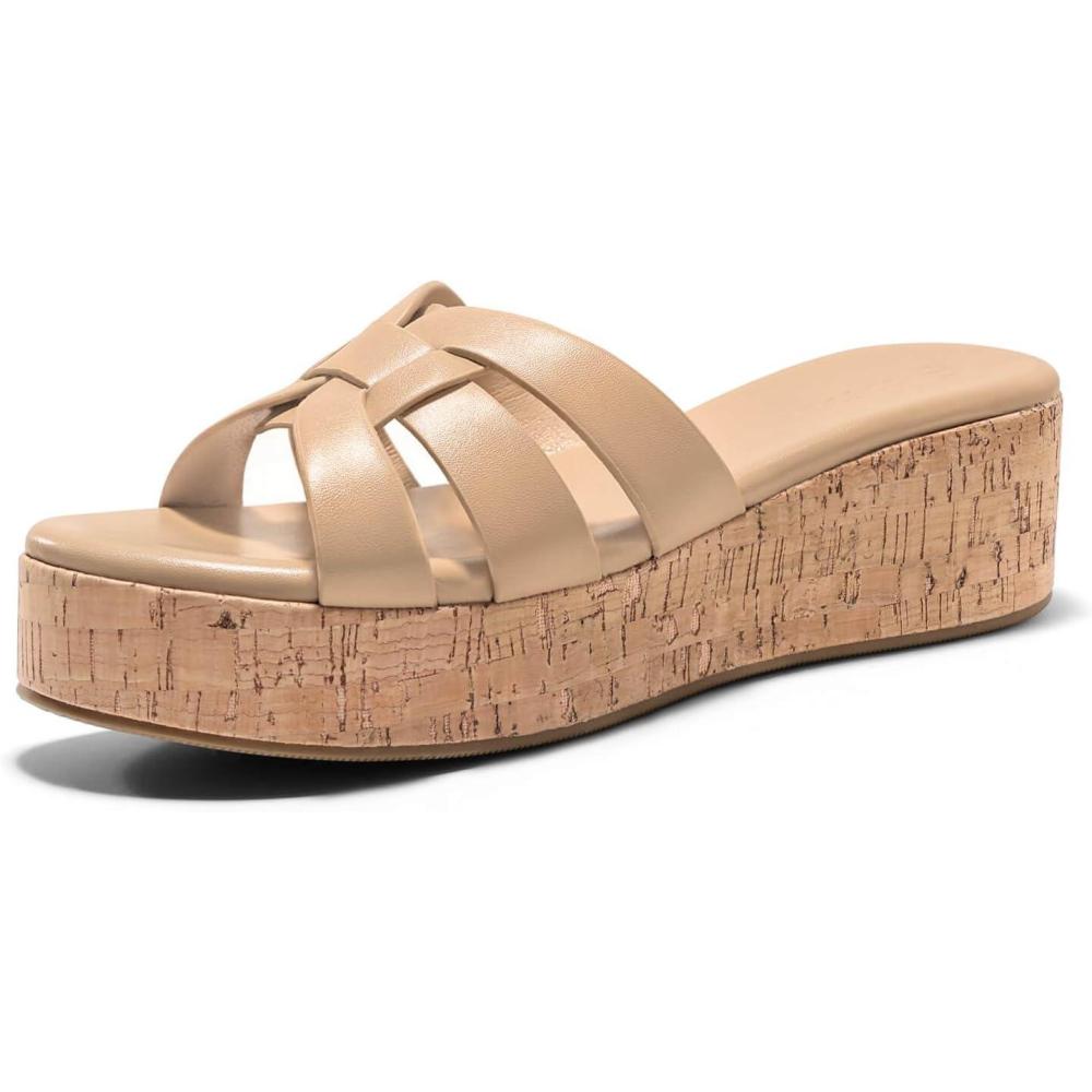 image:imageCoutgo Womens Platform Sandals Open Toe Slip On Low Wedge Slides Cork Heeled Beach Vacation ShoesKhaki