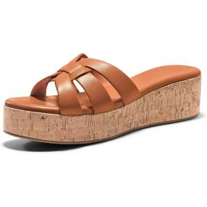 Coutgo Women’s Platform Sandals Open Toe Slip On Low Wedge Slides Cork Heeled Beach Vacation Shoes(Brown)