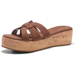 Coutgo Women’s Platform Sandals Open Toe Slip On Low Wedge Slides Cork Heeled Beach Vacation Shoes(Dark Brown)