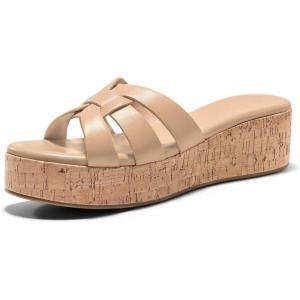 Coutgo Women’s Platform Sandals Open Toe Slip On Low Wedge Slides Cork Heeled Beach Vacation Shoes(Khaki)