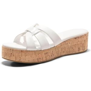 Coutgo Women’s Platform Sandals Open Toe Slip On Low Wedge Slides Cork Heeled Beach Vacation Shoes(White)