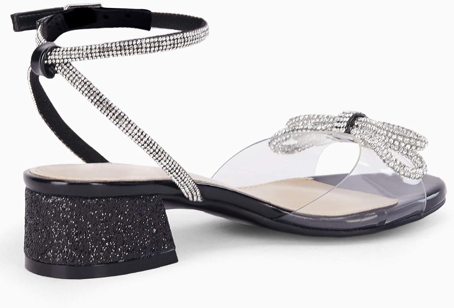 image:imageCoutgo Girls Rhinestone Sandals Low Chunky Heels Bow Open Toe Glitter Dress Shoes for Toddler Little Big KidBlack