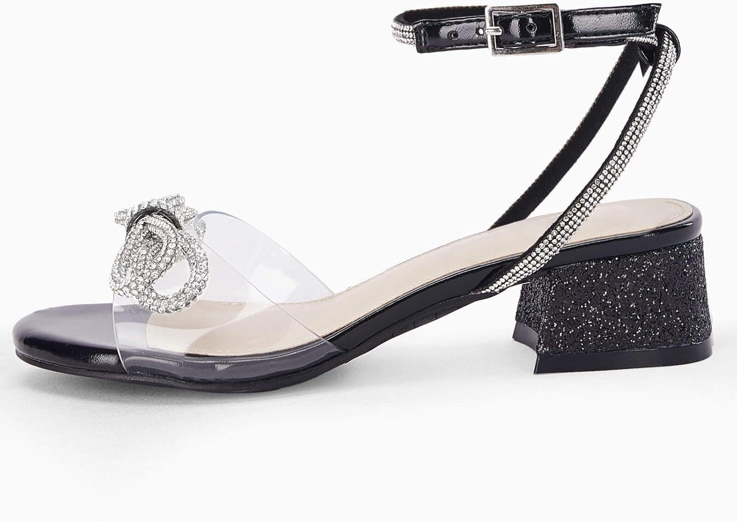 image:imageCoutgo Girls Rhinestone Sandals Low Chunky Heels Bow Open Toe Glitter Dress Shoes for Toddler Little Big KidBlack