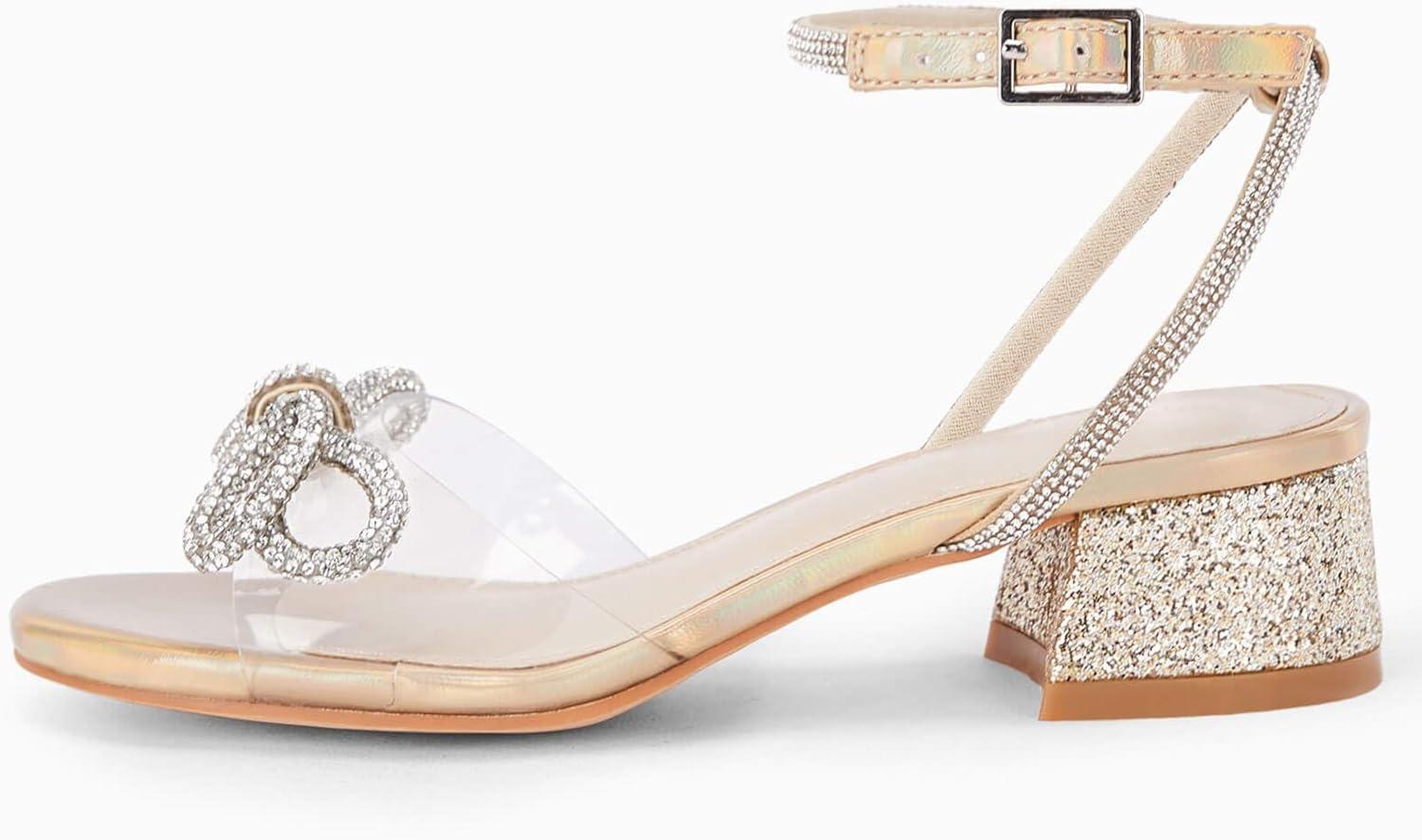 image:imageCoutgo Girls Rhinestone Sandals Low Chunky Heels Bow Open Toe Glitter Dress Shoes for Toddler Little Big KidGold