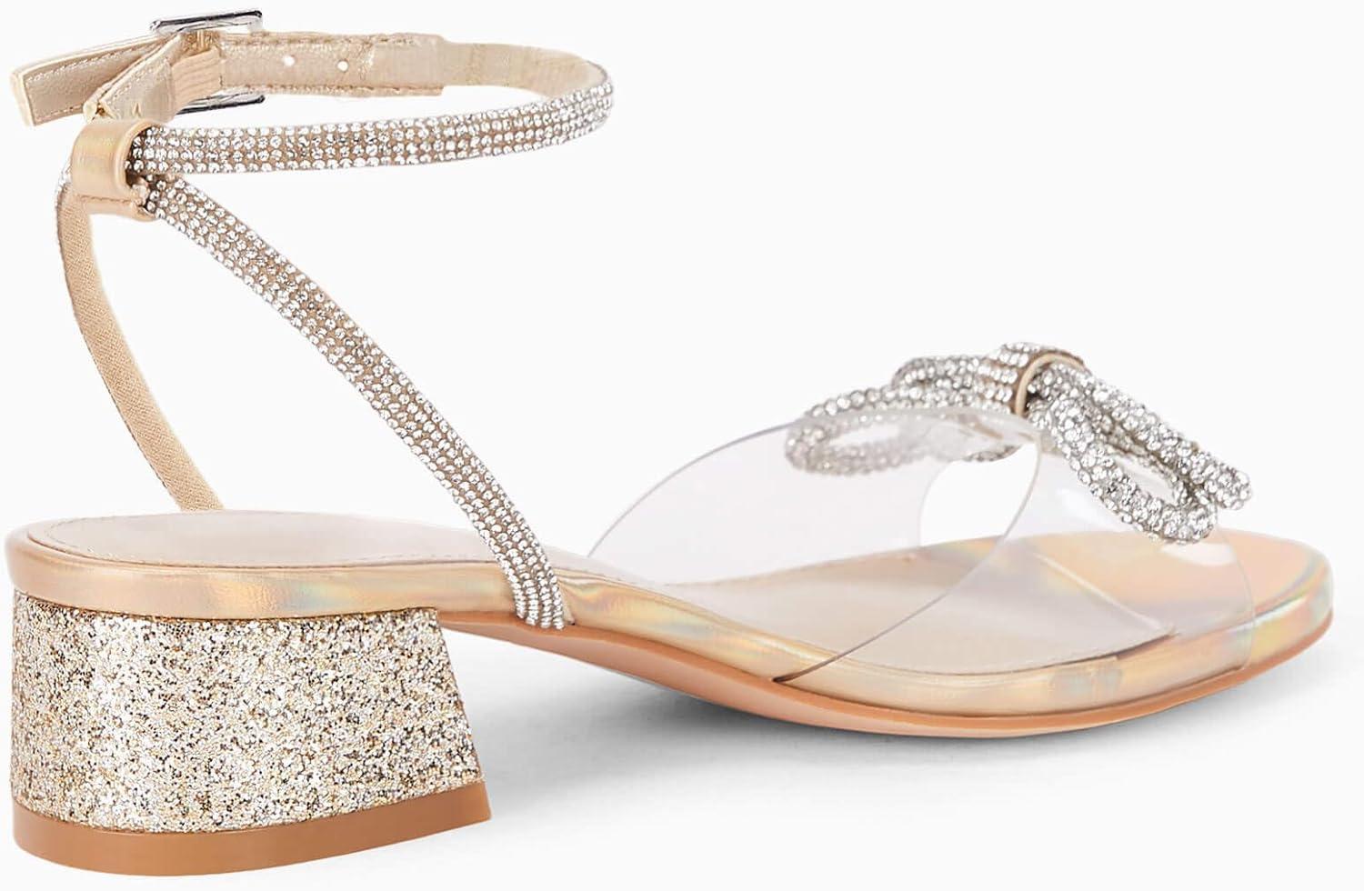 image:imageCoutgo Girls Rhinestone Sandals Low Chunky Heels Bow Open Toe Glitter Dress Shoes for Toddler Little Big KidGold