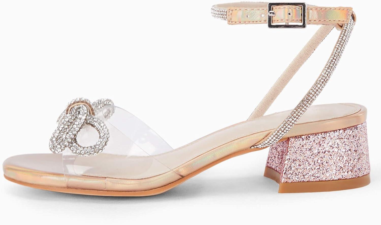image:imageCoutgo Girls Rhinestone Sandals Low Chunky Heels Bow Open Toe Glitter Dress Shoes for Toddler Little Big KidPink