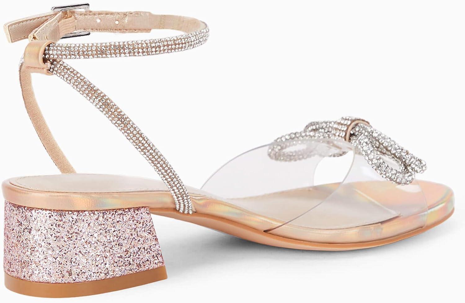 image:imageCoutgo Girls Rhinestone Sandals Low Chunky Heels Bow Open Toe Glitter Dress Shoes for Toddler Little Big KidPink