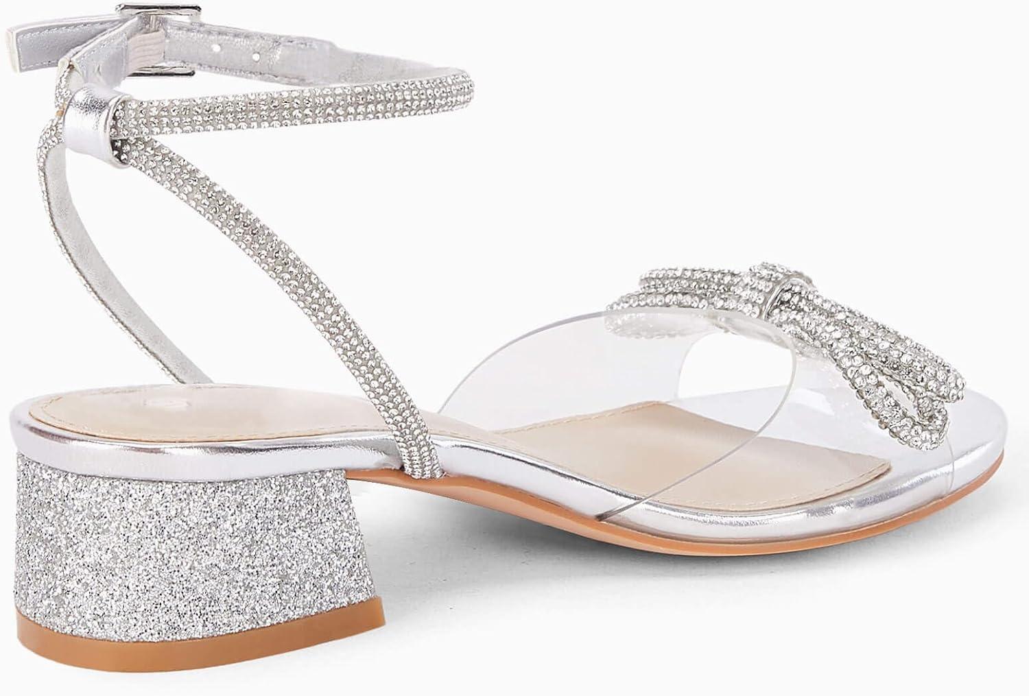 image:imageCoutgo Girls Rhinestone Sandals Low Chunky Heels Bow Open Toe Glitter Dress Shoes for Toddler Little Big KidSilver