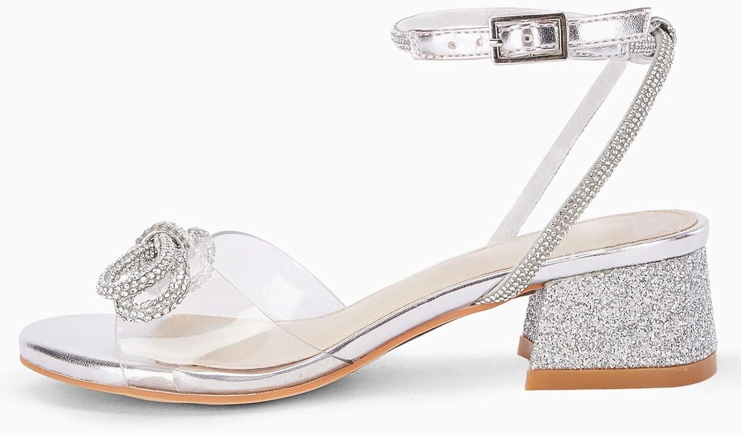 image:imageCoutgo Girls Rhinestone Sandals Low Chunky Heels Bow Open Toe Glitter Dress Shoes for Toddler Little Big KidSilver