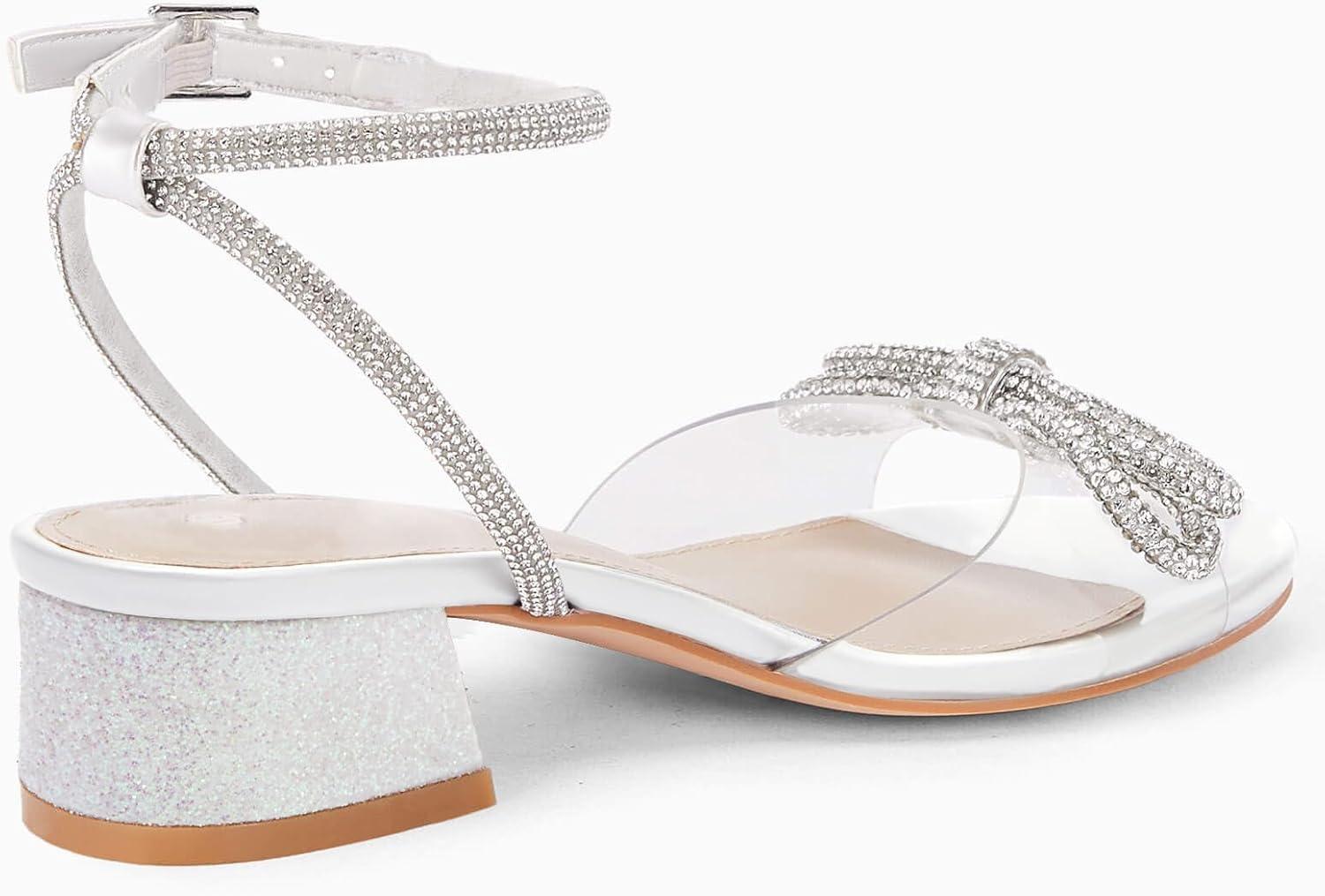 image:imageCoutgo Girls Rhinestone Sandals Low Chunky Heels Bow Open Toe Glitter Dress Shoes for Toddler Little Big KidWhite