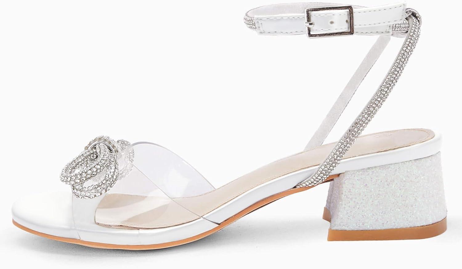 image:imageCoutgo Girls Rhinestone Sandals Low Chunky Heels Bow Open Toe Glitter Dress Shoes for Toddler Little Big KidWhite
