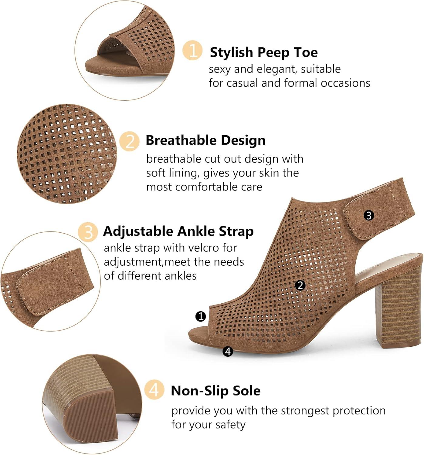 image:imageCoutgo Heels for Women Open Toe Boots Cutout Ankle Strap High Heel Chunky Block SandalsBrown