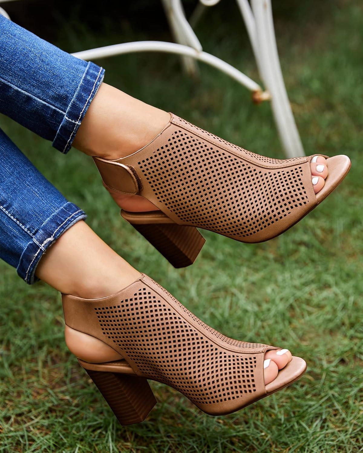 image:imageCoutgo Heels for Women Open Toe Boots Cutout Ankle Strap High Heel Chunky Block SandalsBrown