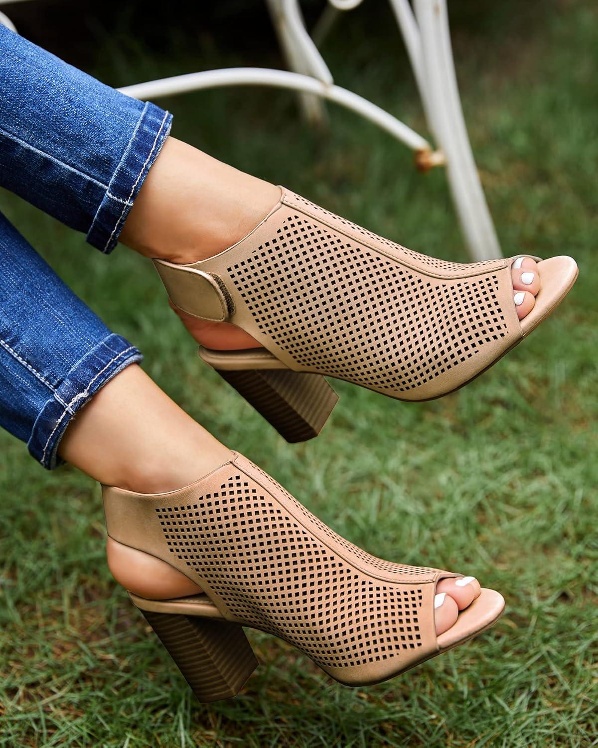 image:imageCoutgo Heels for Women Open Toe Boots Cutout Ankle Strap High Heel Chunky Block SandalsTan